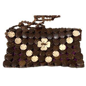 Vintage Handcrafted Daisy Life Coconut Shell Beaded Bag With Floral Design & Zip